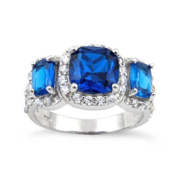 Stunning Sterling Silver Blue Sapphire Three Stone Halo CZ Ring New - Picture 2 of 5